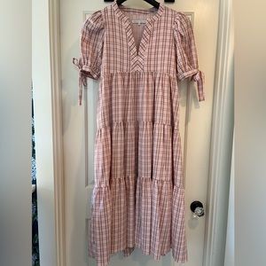 English Factory Pink Gingham Tiered Midi Dress with Bow tied sleeves Size XS